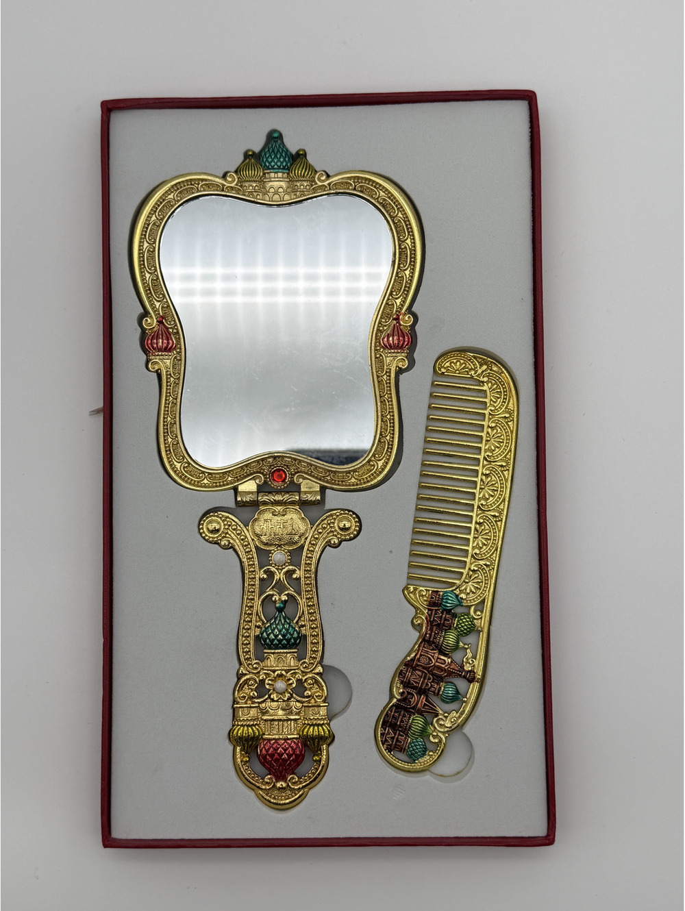 Fine Craftsman Family Ornament Vintage Metal Handheld Makeup Mirror & Comb Set